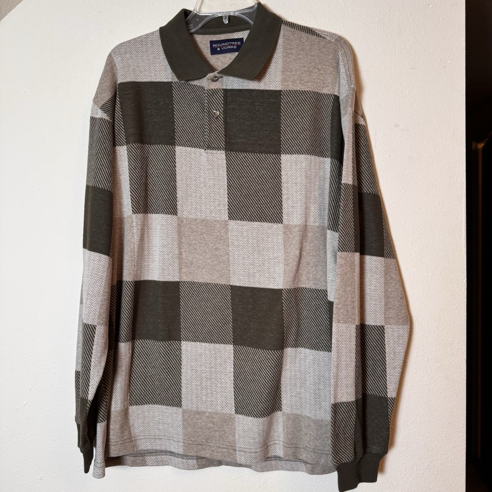 Roundtree & Yorke Men's Large Cotton Sweater Brown Gray Check Long Sleeve